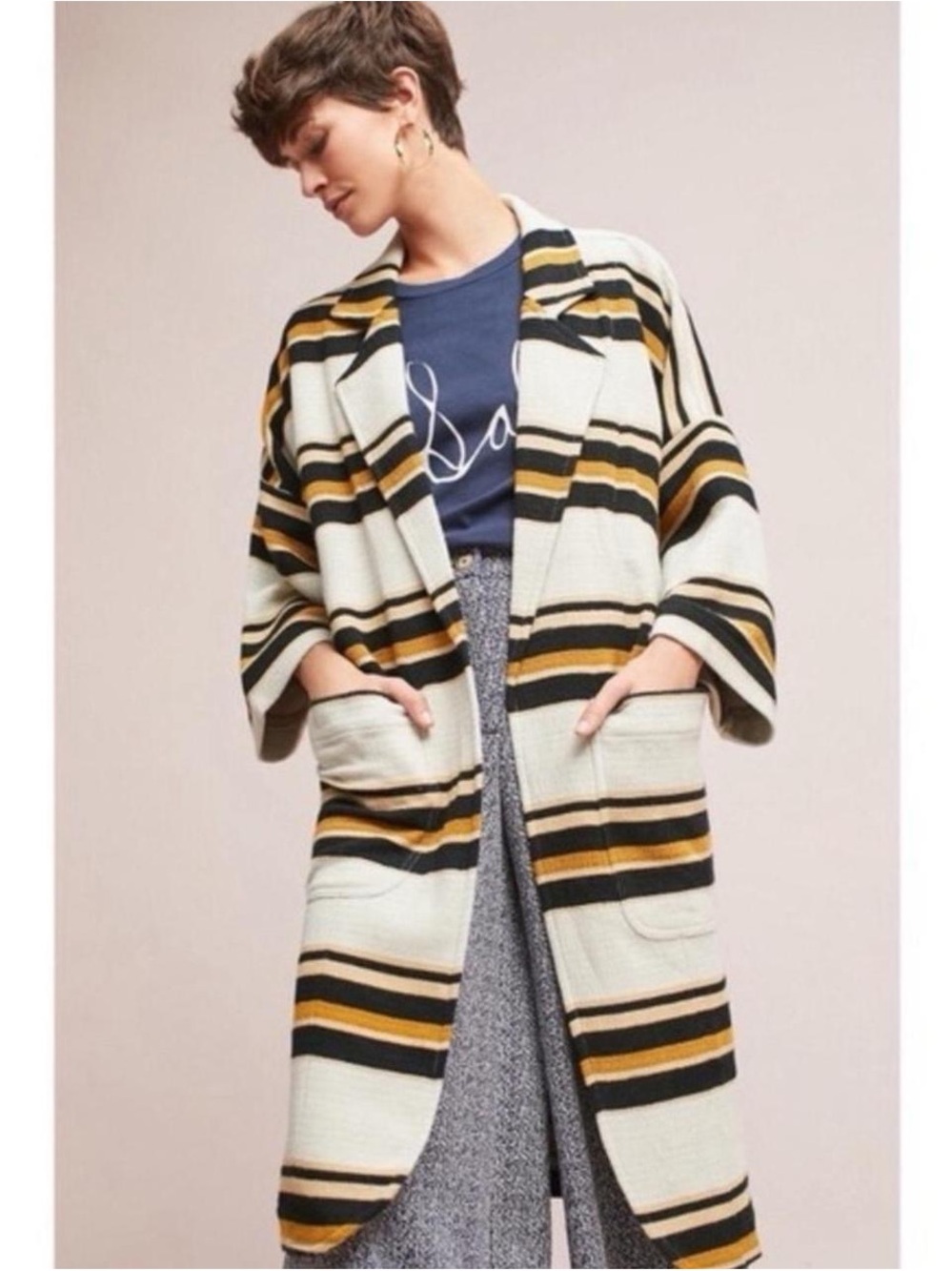 The Odells Striped Open-Front Long Oversized Casual Coat